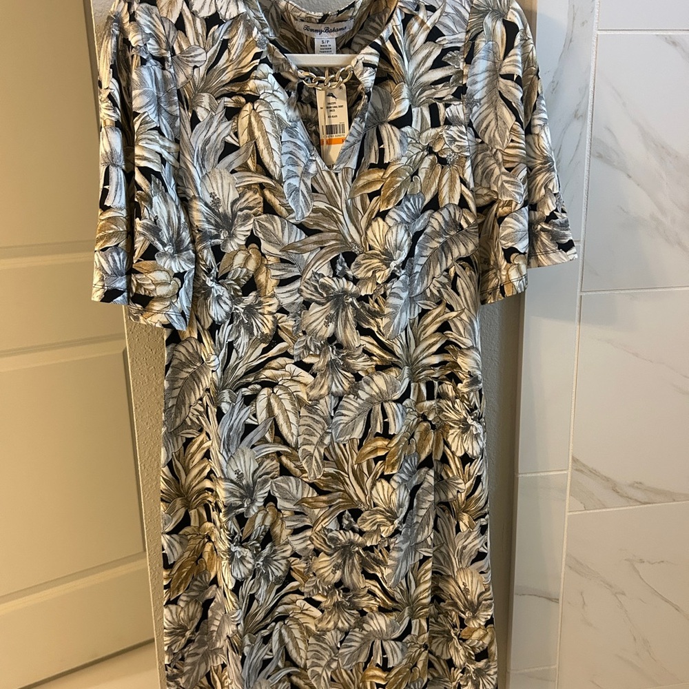 Tommy Bahama Black and Gold Leaf Print Dress